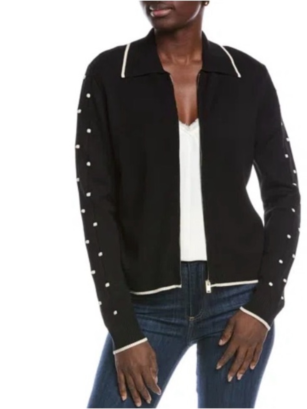 St. John Sport Santana Knit Jacket Black w/ White Popcorn Stitch Full Zip Sz 8